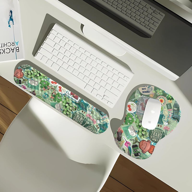 Mechanical Cattle Mint Green Keyboard Wrist Rest Support Mouse Pad&Keyboard Set, Cute Green Ergonomic Mousepad Non-Slip Base Desk/Office Pain Relief&Easy Typing Pad with Neoprene Cloth&Raised Curved Memory Foam - Image 3